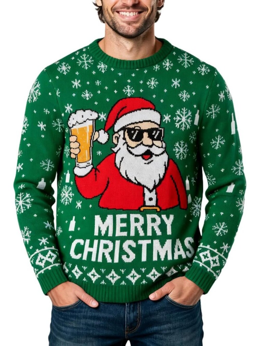 Funny Santa Beer Ugly Christmas Sweater for Men | Cozy Snowflake Pullover